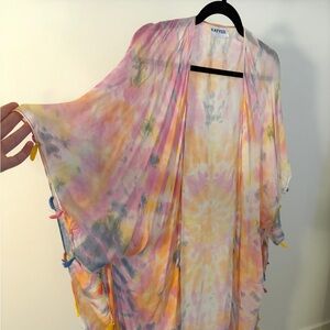 KATY DID Multicolor Tie-Dye Kimono with Tassels One Size